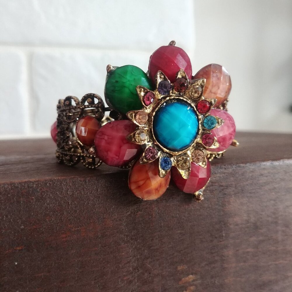 Women's colourful large flower intricate cuff bracelet brass multicolour stones